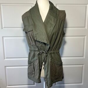 Blue Rain‎ Olive Green Utility Vest Lace Detail Tie Waist Women's Size Small